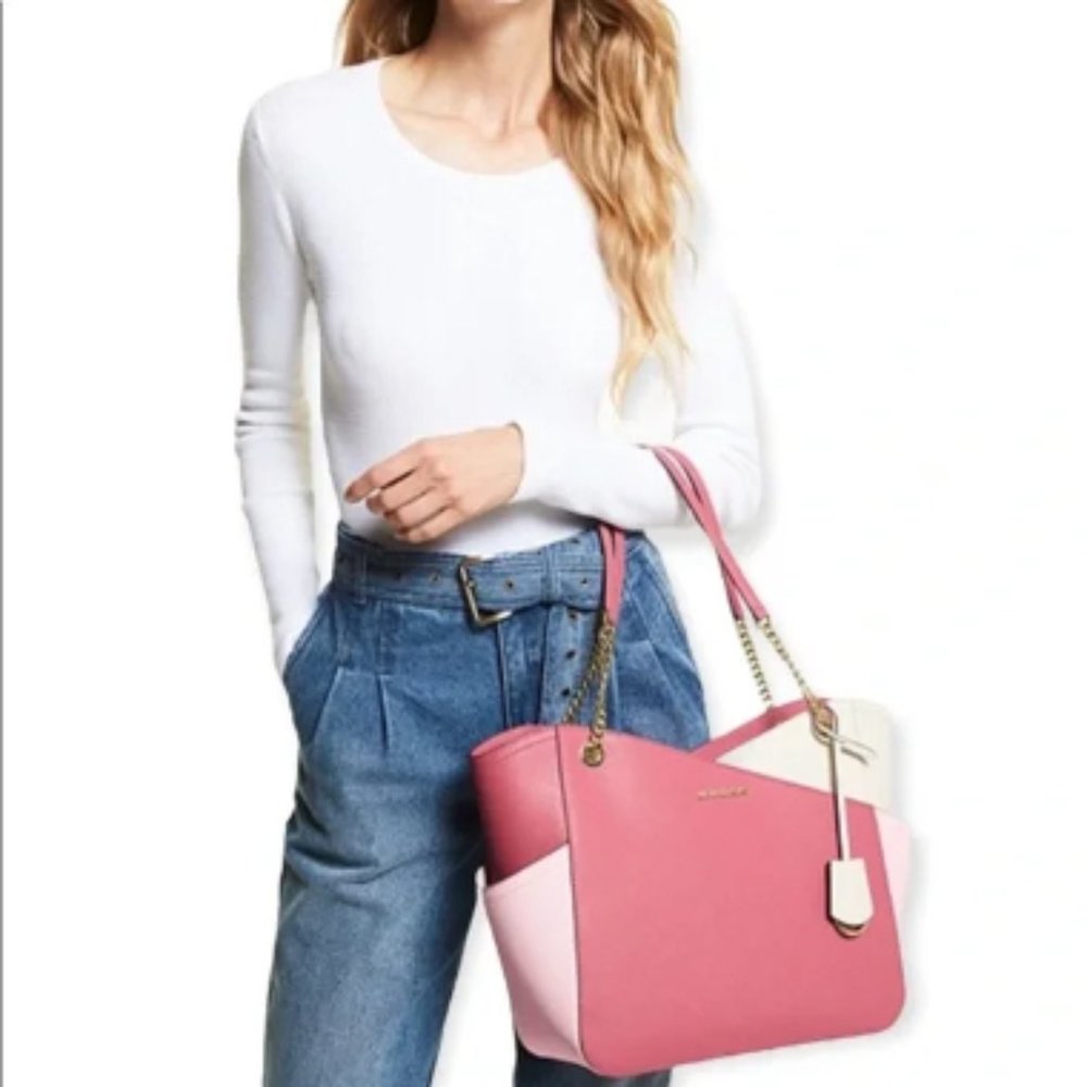 NWT Michael Kors Jet Set Leather Shoulder Bag Tote Pink Gold Chain Ivory Blush - Picture 2 of 16